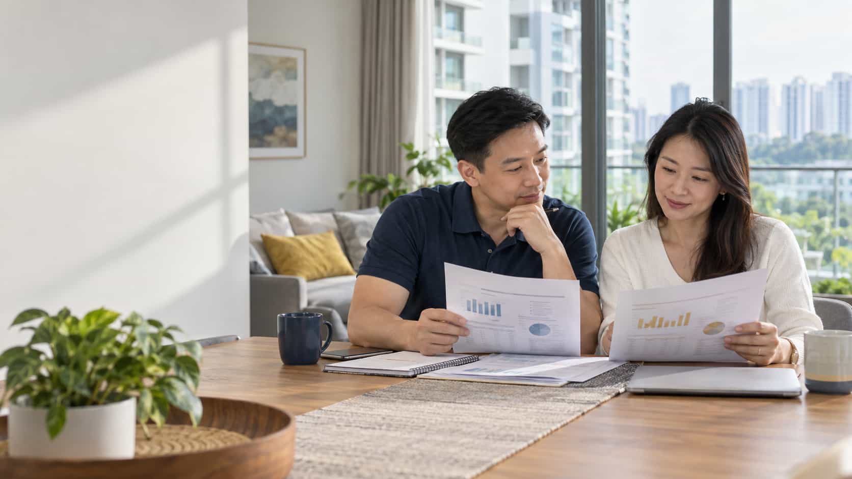 Two adults reviewing charts and paperwork together at a table